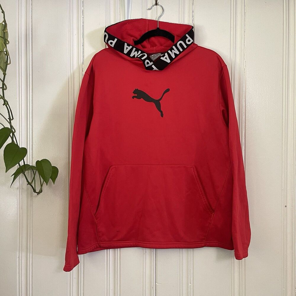 PUMA Men Train Power Red Black Cat Logo Fleece Hooded Sweatshirt Size XL